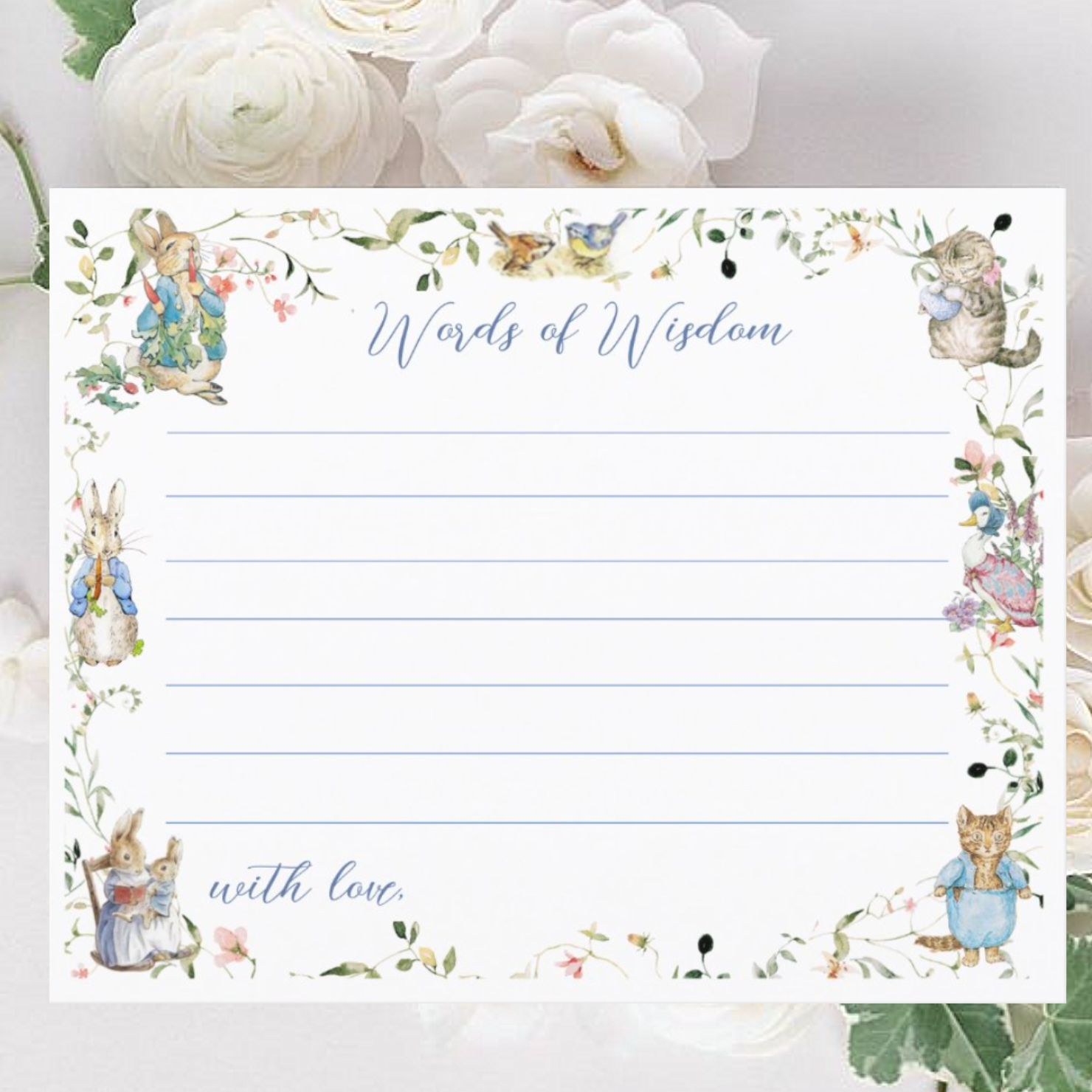 This gender neutral baby shower Words of Wisdom for Parents to Be Advice Card/Game features delicate soft wildflowers intertwined with Peter the Rabbit, his family and his pals in soft watercolor tones.