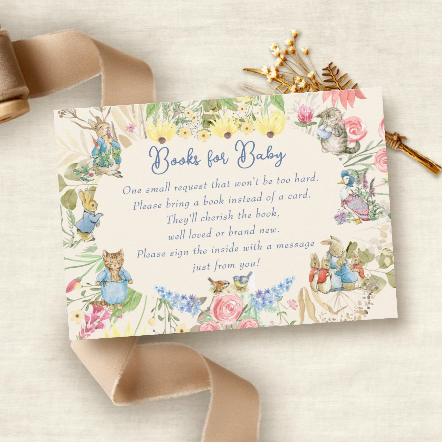 Colorful hand painted floral design with Beatrix Potter characters including Peter, Miss Moppet, Jemima Puddleduck, Mother Rabbit, flopsy, Mopsy and Cottontail and Tom Kitten.