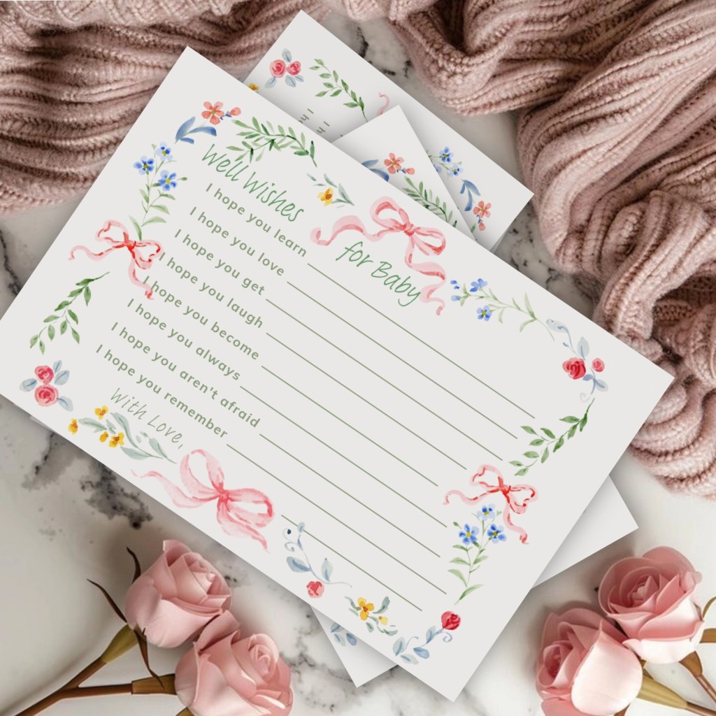 A free printable "well wishes for baby" keepsake card for a baby shower with floral accents and pink bows.