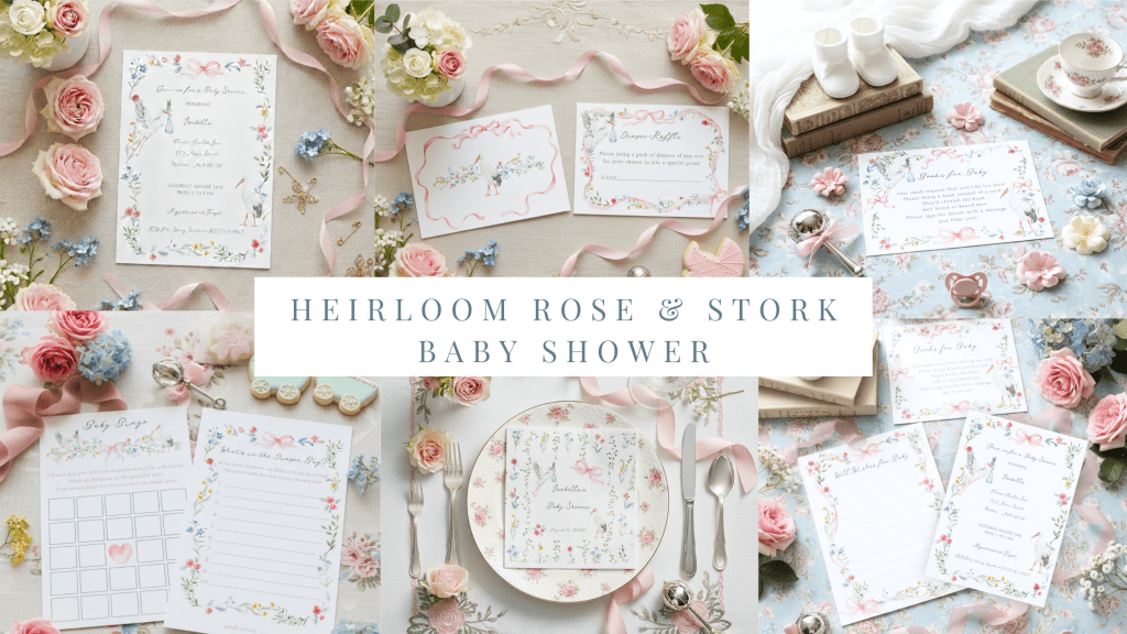 Collection of baby shower invitation, book request, diaper raffle enclosure card, baby bingo and what's in the diaper bag game card, and napkin with Hand painted florals, vines, roses and storks delivering a baby.