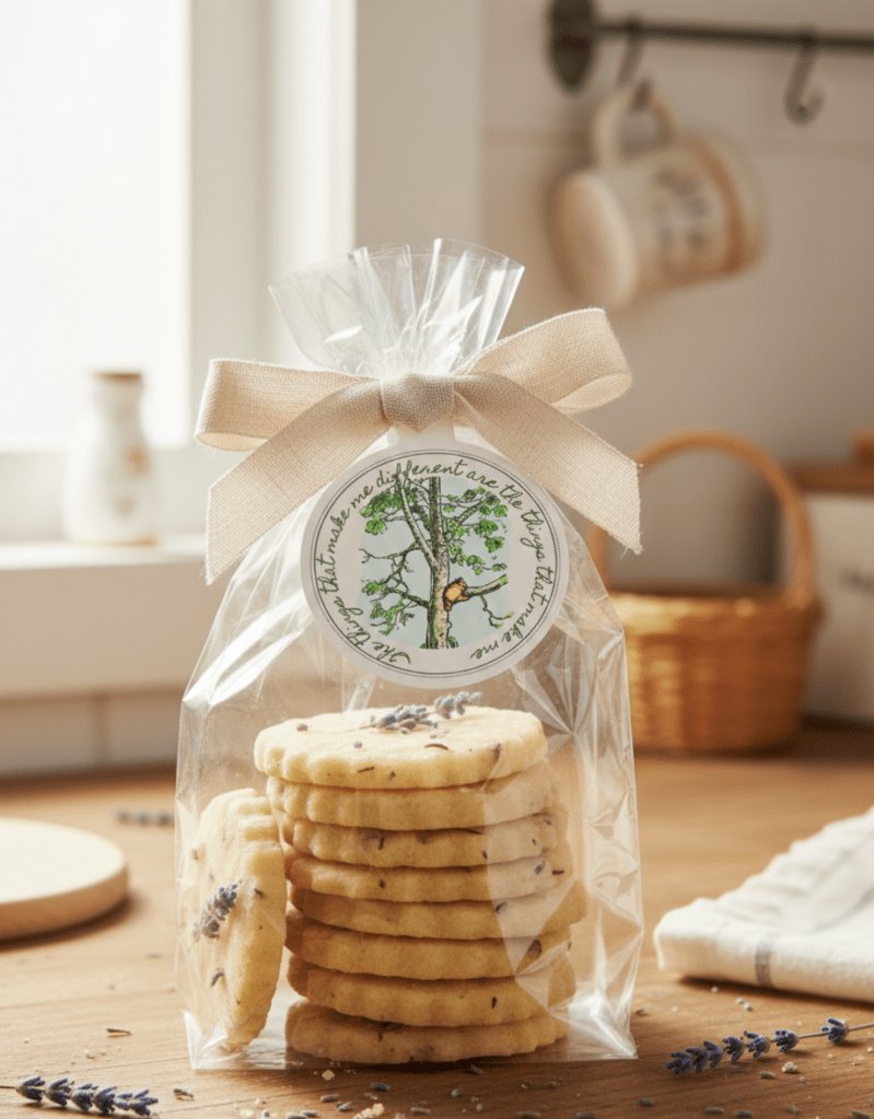 Honey Lavender Cookies in a clear bag tied with a cream colored ribbon with a Winnie the Pooh Affirmation sticker to decorate it